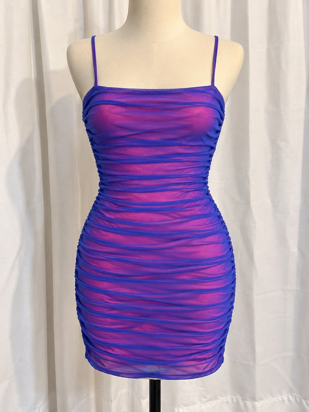 Fashion Nova Purple Pink Ruched Mesh Bodycon Mini Dress XS